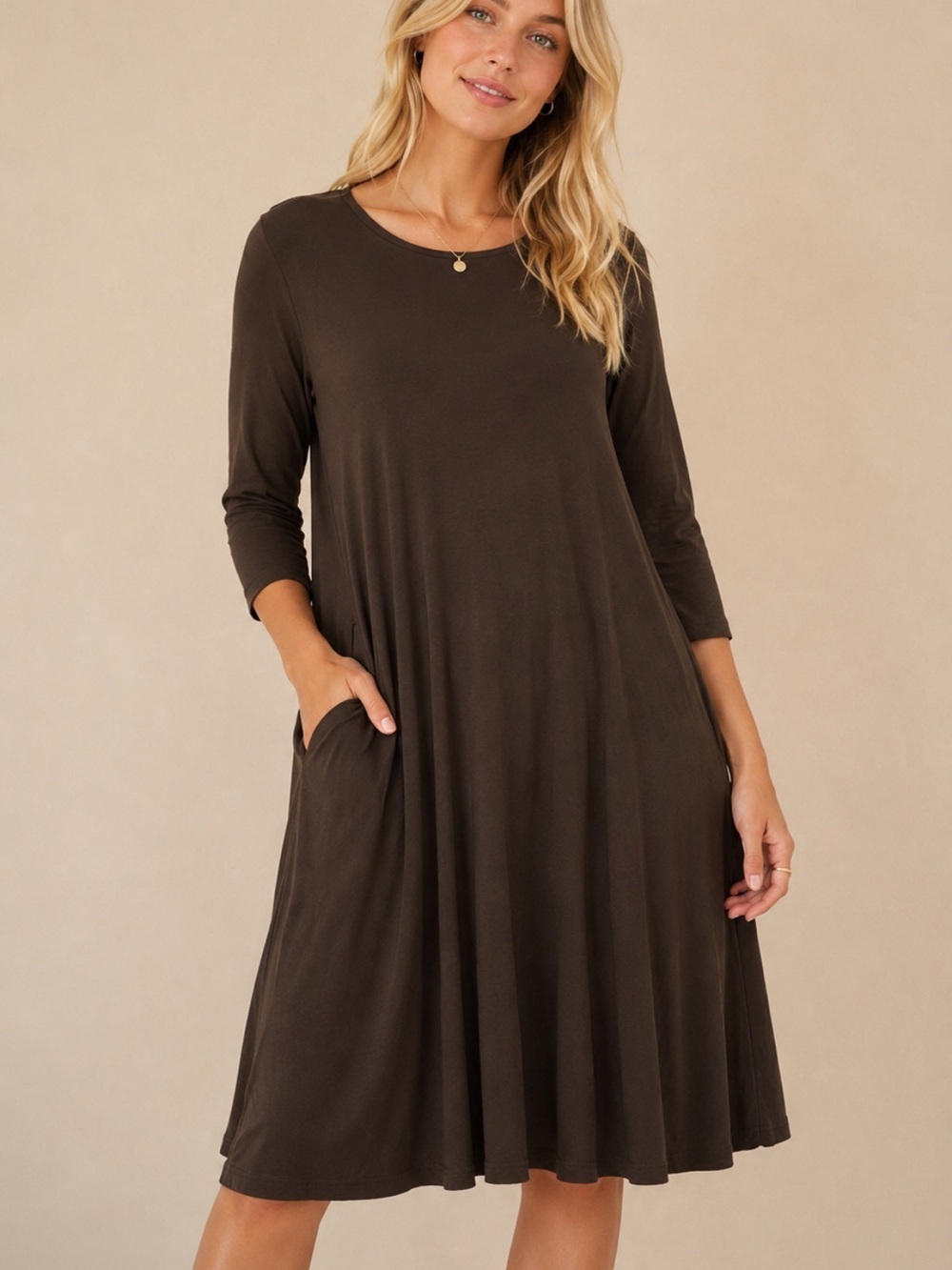 Eileen Fisher Brown Jersey Swing Dress Size Large Viscose Blend 54653